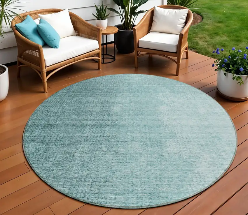 8' Teal Blue And Aqua Round Abstract Washable Indoor Outdoor Area Rug Photo 1