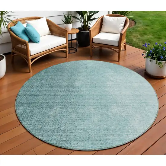 8' Teal Blue And Aqua Round Abstract Washable Indoor Outdoor Area Rug Photo 1
