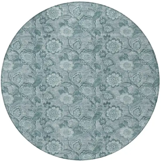 8' Teal Blue And Aqua Round Floral Washable Indoor Outdoor Area Rug Photo 4
