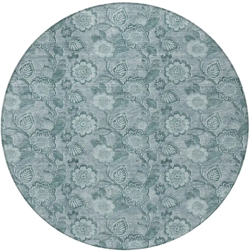 8' Teal Blue And Aqua Round Floral Washable Indoor Outdoor Area Rug Photo 4