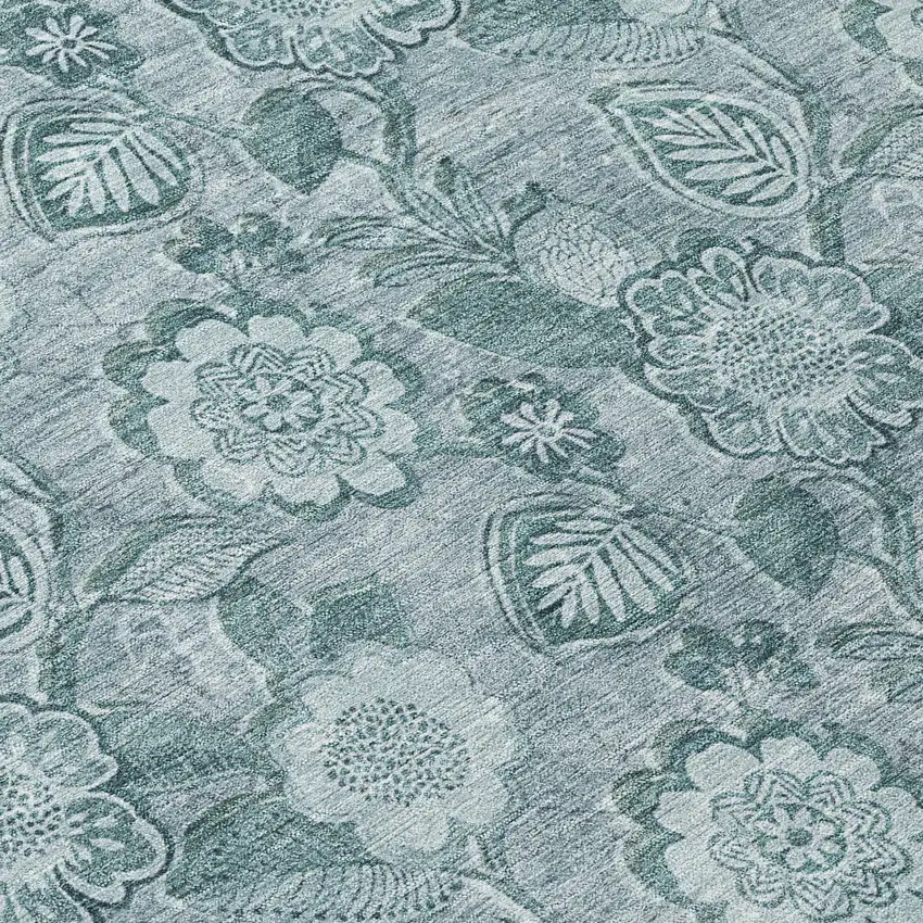 8' Teal Blue And Aqua Round Floral Washable Indoor Outdoor Area Rug Photo 9