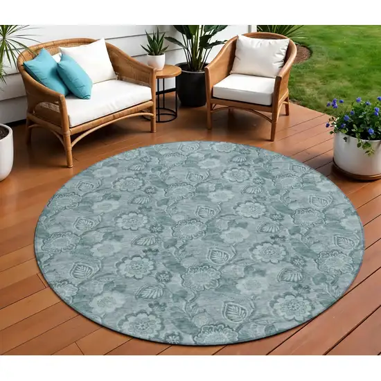 8' Teal Blue And Aqua Round Floral Washable Indoor Outdoor Area Rug Photo 2