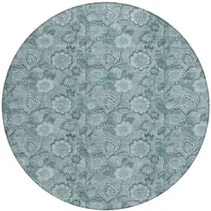 Photo of 8' Teal Blue And Aqua Round Floral Washable Indoor Outdoor Area Rug