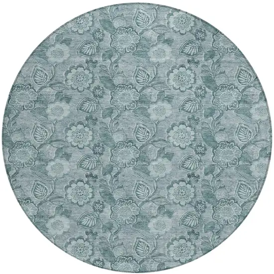 8' Teal Blue And Aqua Round Floral Washable Indoor Outdoor Area Rug Photo 1