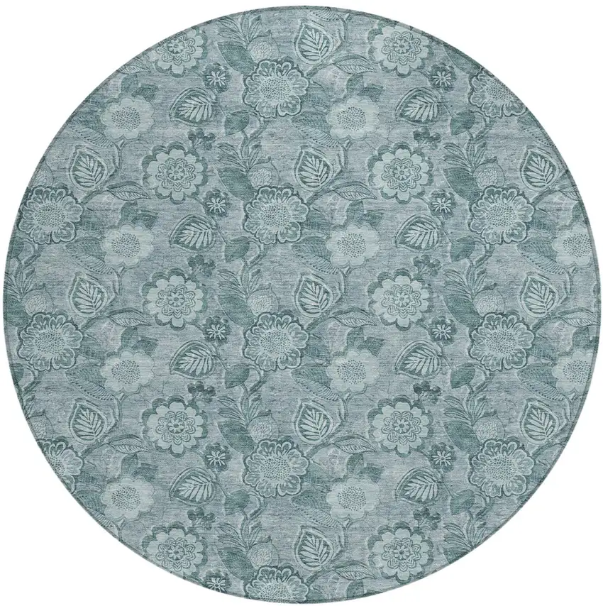 8' Teal Blue And Aqua Round Floral Washable Indoor Outdoor Area Rug Photo 1