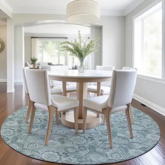 8' Teal Blue And Aqua Round Floral Washable Indoor Outdoor Area Rug Photo 6