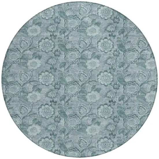 8' Teal Blue And Aqua Round Floral Washable Indoor Outdoor Area Rug Photo 3