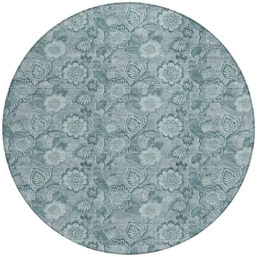 8' Teal Blue And Aqua Round Floral Washable Indoor Outdoor Area Rug Photo 3