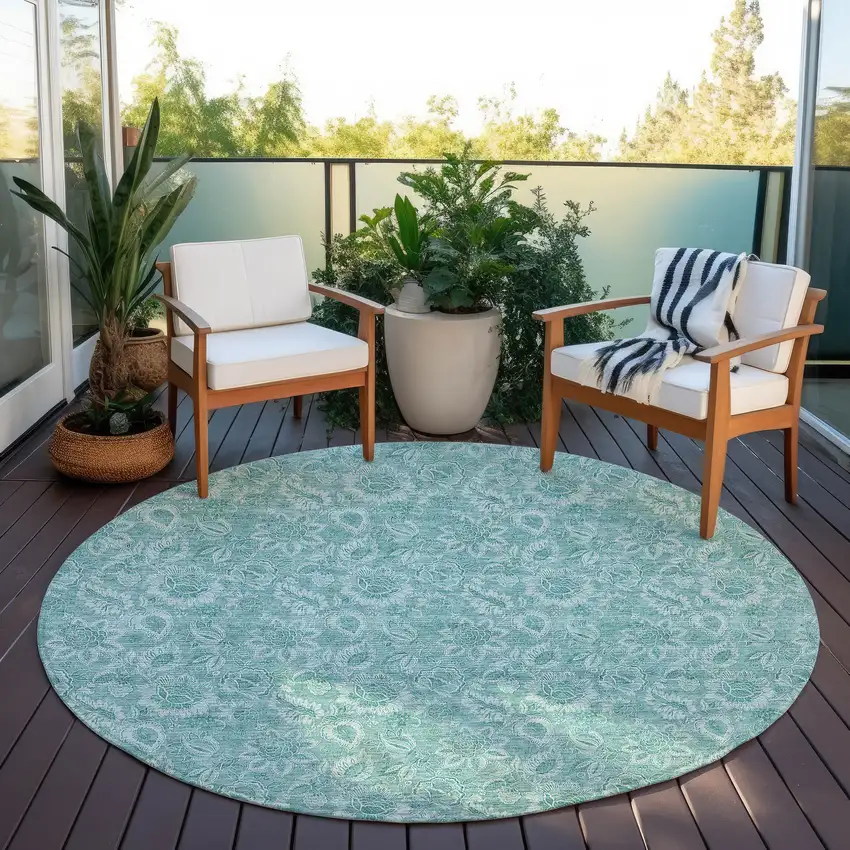 8' Teal Blue And Aqua Round Floral Washable Indoor Outdoor Area Rug Photo 6