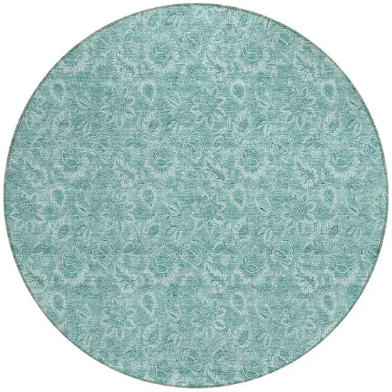 8' Teal Blue And Aqua Round Floral Washable Indoor Outdoor Area Rug Photo 5