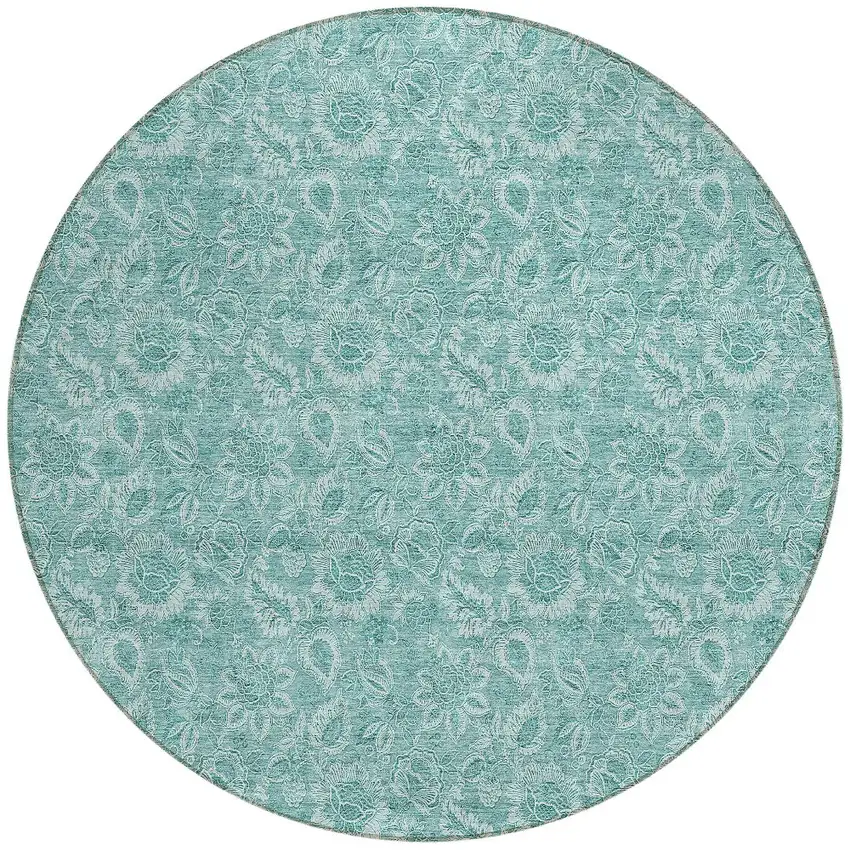 8' Teal Blue And Aqua Round Floral Washable Indoor Outdoor Area Rug Photo 5