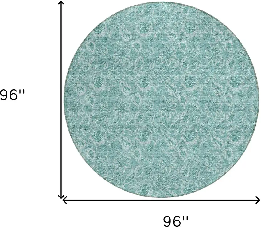 8' Teal Blue And Aqua Round Floral Washable Indoor Outdoor Area Rug Photo 3