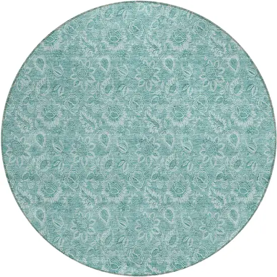 8' Teal Blue And Aqua Round Floral Washable Indoor Outdoor Area Rug Photo 2