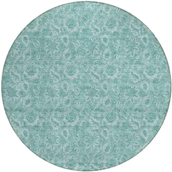 8' Teal Blue And Aqua Round Floral Washable Indoor Outdoor Area Rug Photo 2