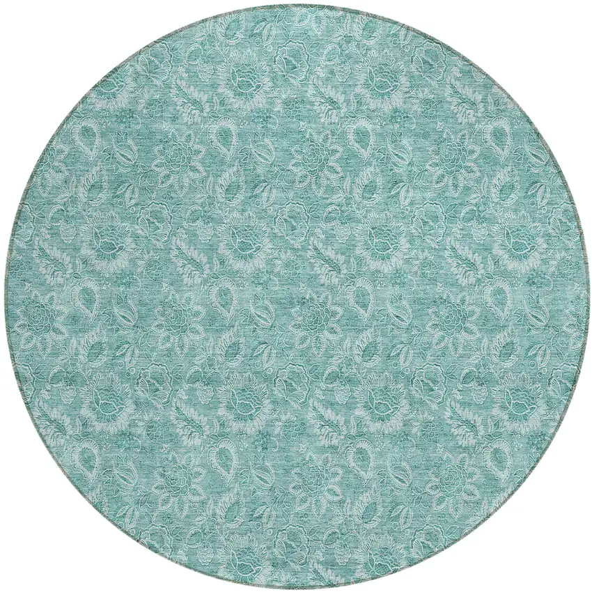8' Teal Blue And Aqua Round Floral Washable Indoor Outdoor Area Rug Photo 2