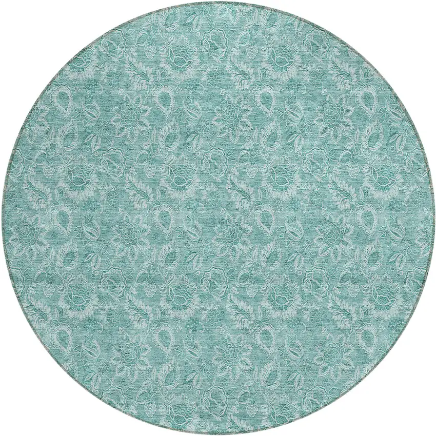 8' Teal Blue And Aqua Round Floral Washable Indoor Outdoor Area Rug Photo 2