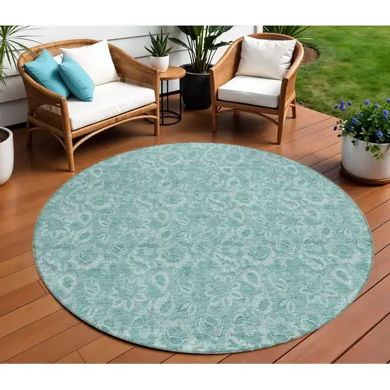 8' Teal Blue And Aqua Round Floral Washable Indoor Outdoor Area Rug Photo 1
