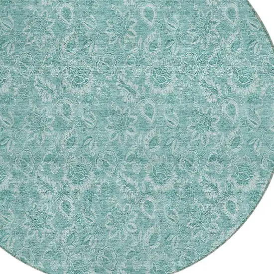 8' Teal Blue And Aqua Round Floral Washable Indoor Outdoor Area Rug Photo 4