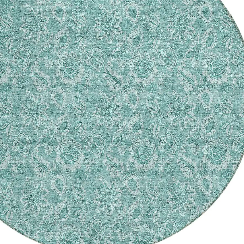 8' Teal Blue And Aqua Round Floral Washable Indoor Outdoor Area Rug Photo 4