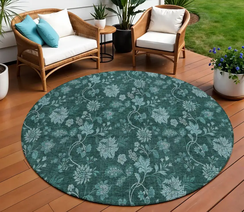 8' Teal Blue And Aqua Round Floral Washable Indoor Outdoor Area Rug Photo 1