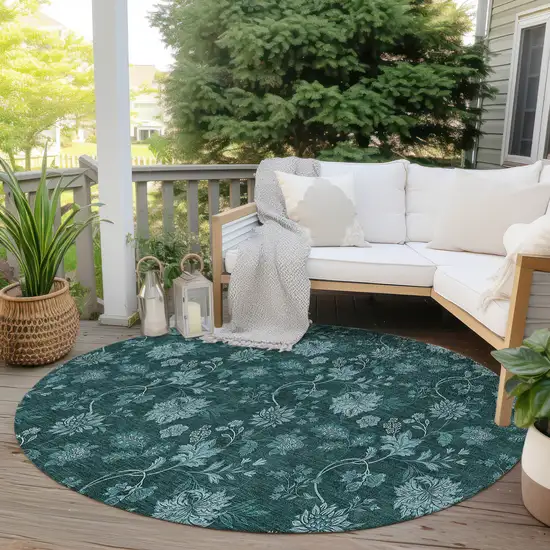 8' Teal Blue And Aqua Round Floral Washable Indoor Outdoor Area Rug Photo 6