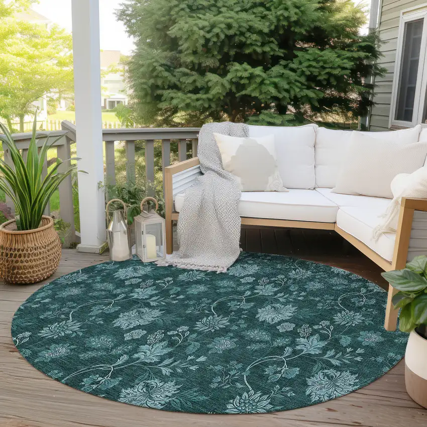 8' Teal Blue And Aqua Round Floral Washable Indoor Outdoor Area Rug Photo 6