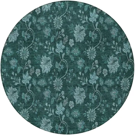 8' Teal Blue And Aqua Round Floral Washable Indoor Outdoor Area Rug Photo 5
