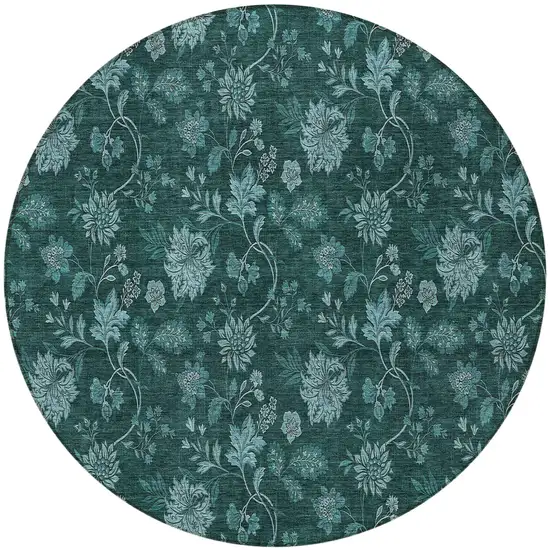 8' Teal Blue And Aqua Round Floral Washable Indoor Outdoor Area Rug Photo 5