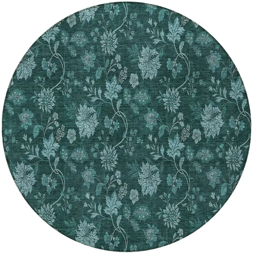 8' Teal Blue And Aqua Round Floral Washable Indoor Outdoor Area Rug Photo 5