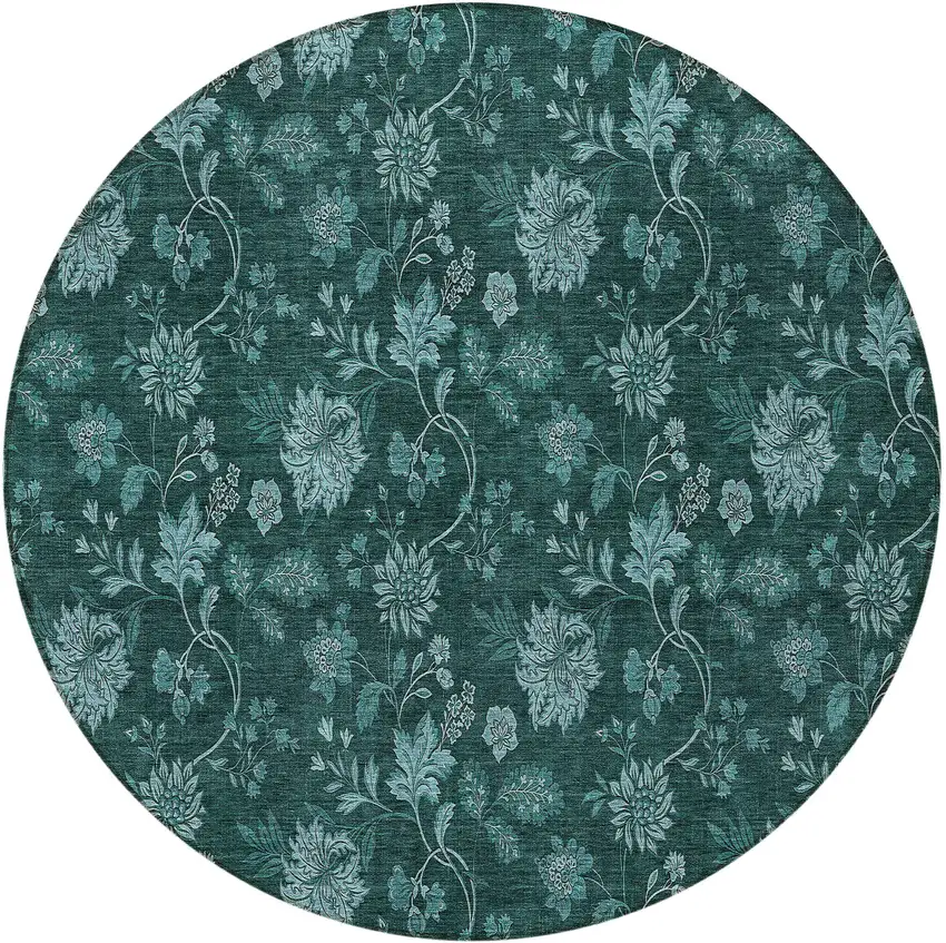 8' Teal Blue And Aqua Round Floral Washable Indoor Outdoor Area Rug Photo 5