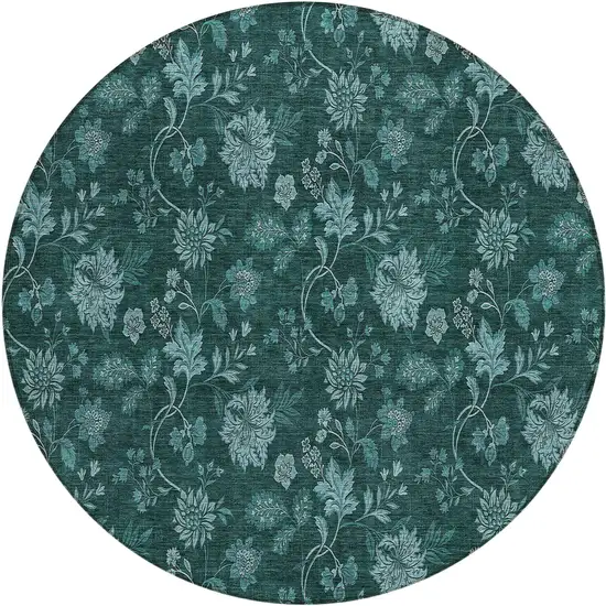 8' Teal Blue And Aqua Round Floral Washable Indoor Outdoor Area Rug Photo 2