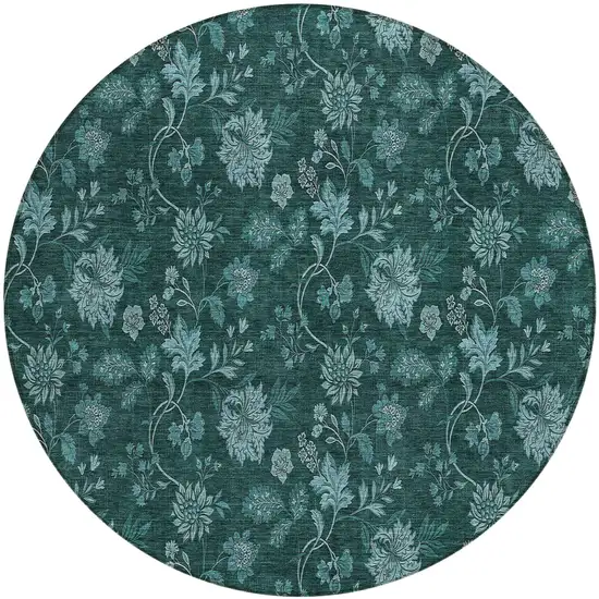 8' Teal Blue And Aqua Round Floral Washable Indoor Outdoor Area Rug Photo 2