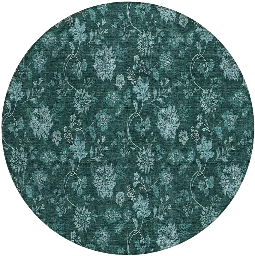8' Teal Blue And Aqua Round Floral Washable Indoor Outdoor Area Rug Photo 2