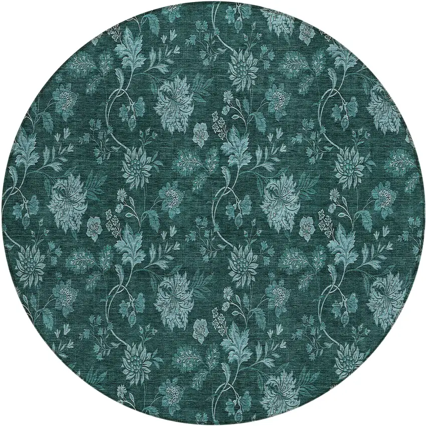 8' Teal Blue And Aqua Round Floral Washable Indoor Outdoor Area Rug Photo 2