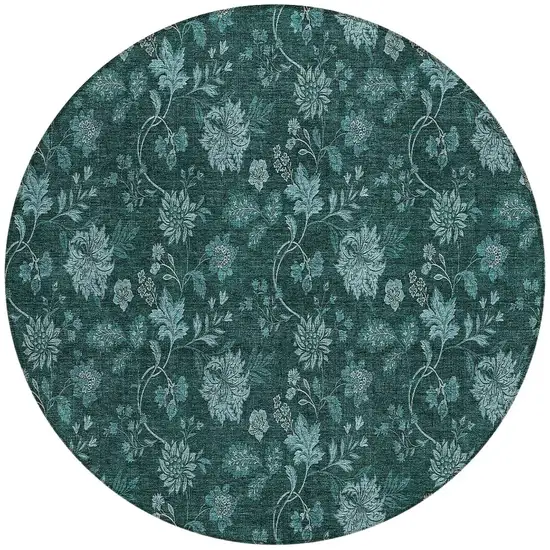 8' Teal Blue And Aqua Round Floral Washable Indoor Outdoor Area Rug Photo 4