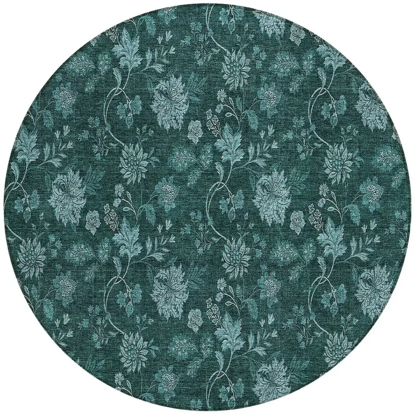 8' Teal Blue And Aqua Round Floral Washable Indoor Outdoor Area Rug Photo 4