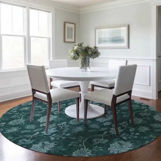 8' Teal Blue And Aqua Round Floral Washable Indoor Outdoor Area Rug Photo 7