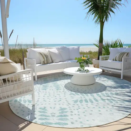 8' Teal Blue And Aqua Round Floral Washable Indoor Outdoor Area Rug Photo 6