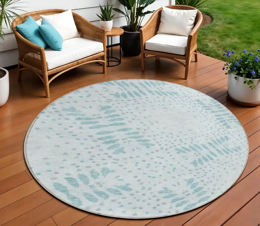 8' Teal Blue And Aqua Round Floral Washable Indoor Outdoor Area Rug Photo 1