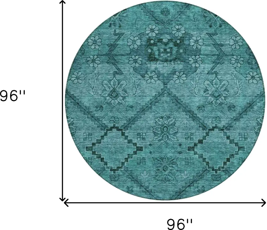 8' Teal Blue And Aqua Round Floral Washable Indoor Outdoor Area Rug Photo 3