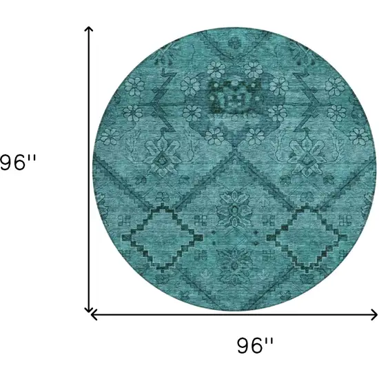 8' Teal Blue And Aqua Round Floral Washable Indoor Outdoor Area Rug Photo 3