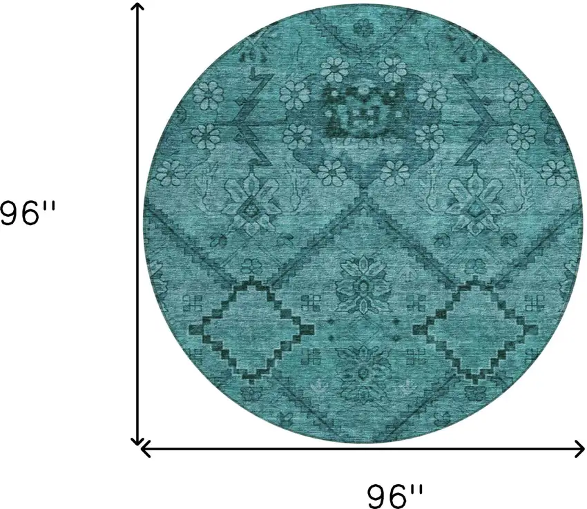 8' Teal Blue And Aqua Round Floral Washable Indoor Outdoor Area Rug Photo 3