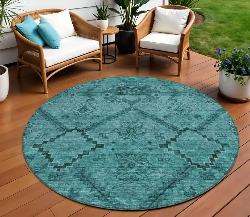8' Teal Blue And Aqua Round Floral Washable Indoor Outdoor Area Rug Photo 1