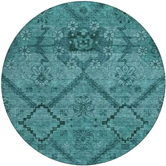 8' Teal Blue And Aqua Round Floral Washable Indoor Outdoor Area Rug Photo 2