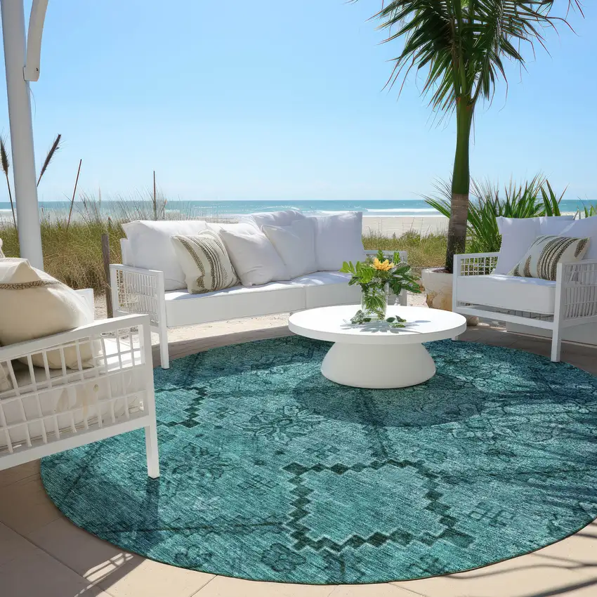 8' Teal Blue And Aqua Round Floral Washable Indoor Outdoor Area Rug Photo 8