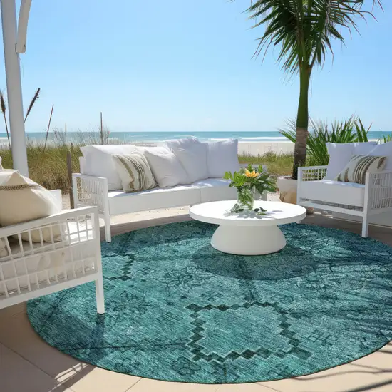 8' Teal Blue And Aqua Round Floral Washable Indoor Outdoor Area Rug Photo 8