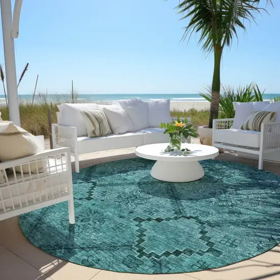 8' Teal Blue And Aqua Round Floral Washable Indoor Outdoor Area Rug Photo 8