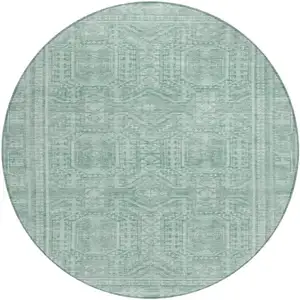 Photo of 8' Teal Blue And Aqua Round Geometric Washable Indoor Outdoor Area Rug