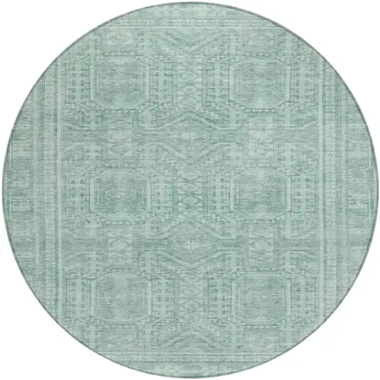 8' Teal Blue And Aqua Round Geometric Washable Indoor Outdoor Area Rug Photo 1