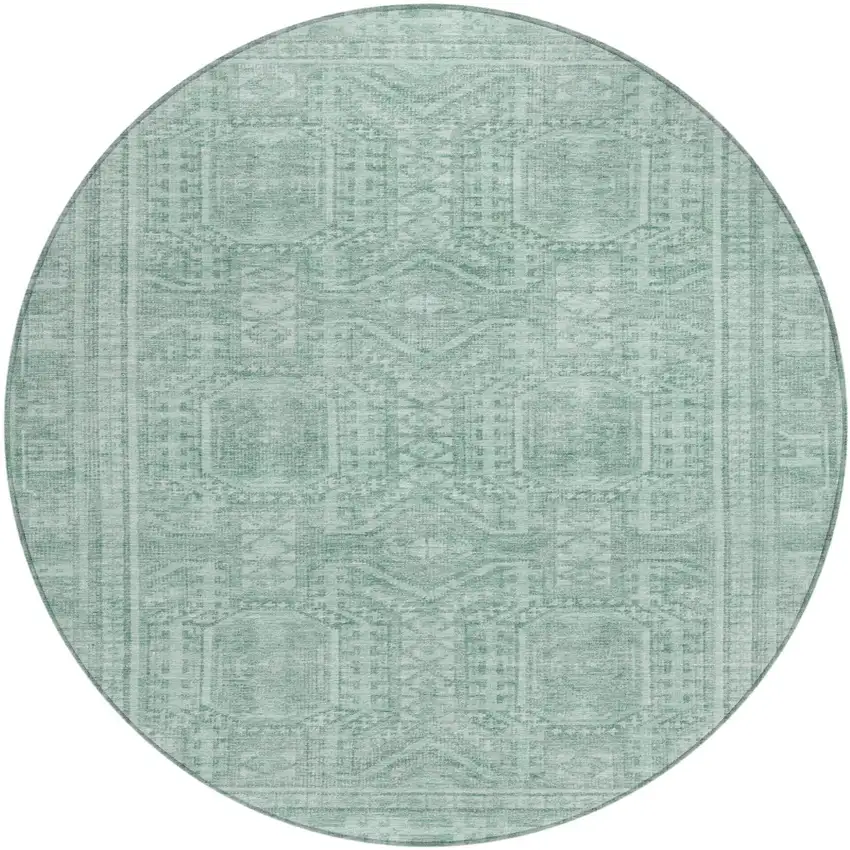 8' Teal Blue And Aqua Round Geometric Washable Indoor Outdoor Area Rug Photo 1